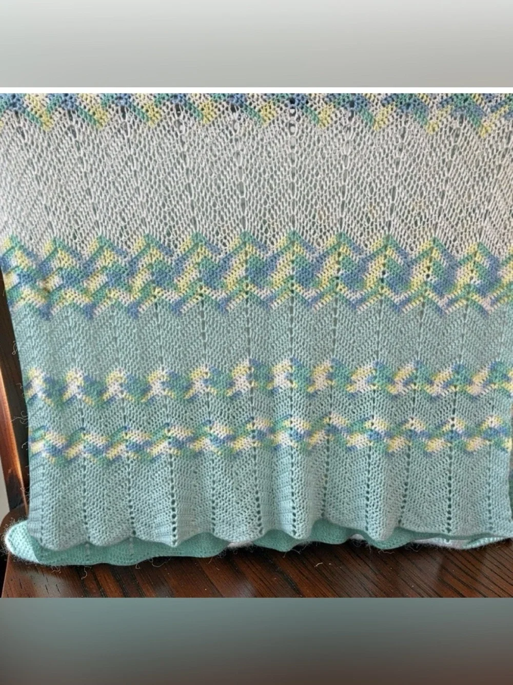 Handmade Pastel Chevron Throw Blanket - Blue & Green Ripple Knit Afghan